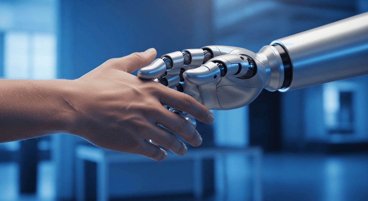 A robotic hand touching a human hand, symbolizing the connection between technology and humanity.