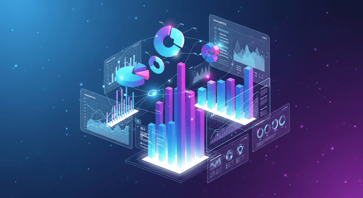 Abstract 3D data visualization with charts and graphs.
