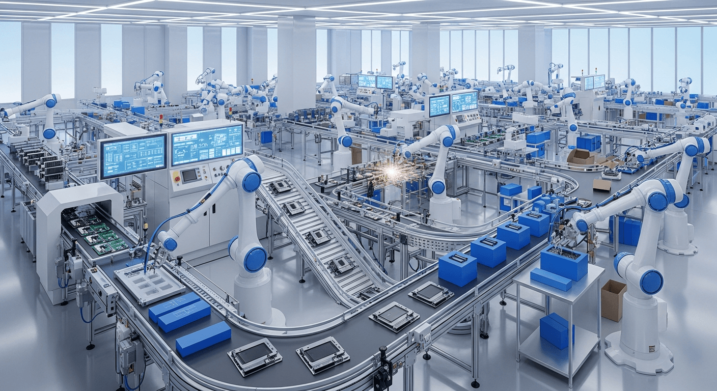 A view of an automated factory floor with conveyor belts and robotics.