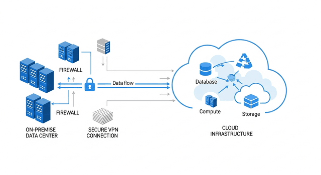 A digital diagram illustrating a complex hybrid cloud architecture.