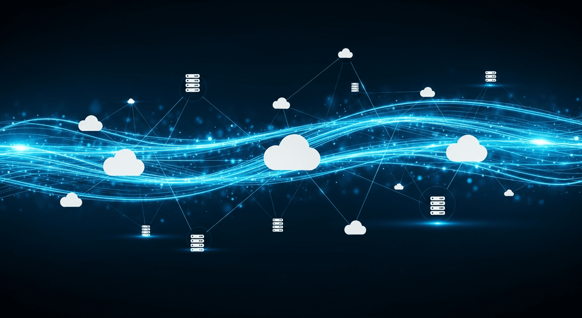 Abstract image showing streams of data flowing between cloud servers.