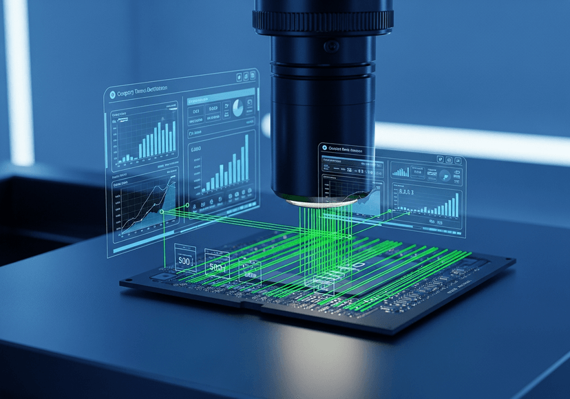 A computer vision system scanning a microchip for defects.