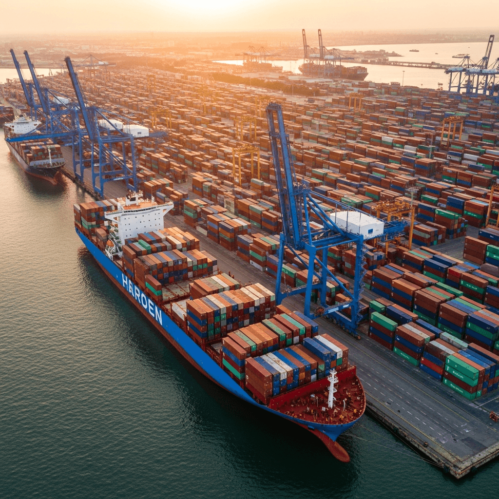 An aerial view of a large container ship at a busy port at sunset.