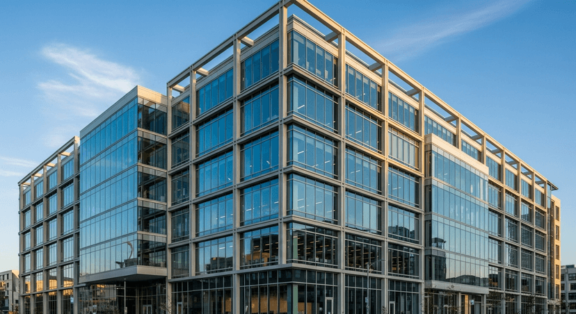 The exterior of a modern technology office building.