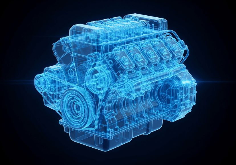 A holographic 3D model of an industrial engine, representing a digital twin.