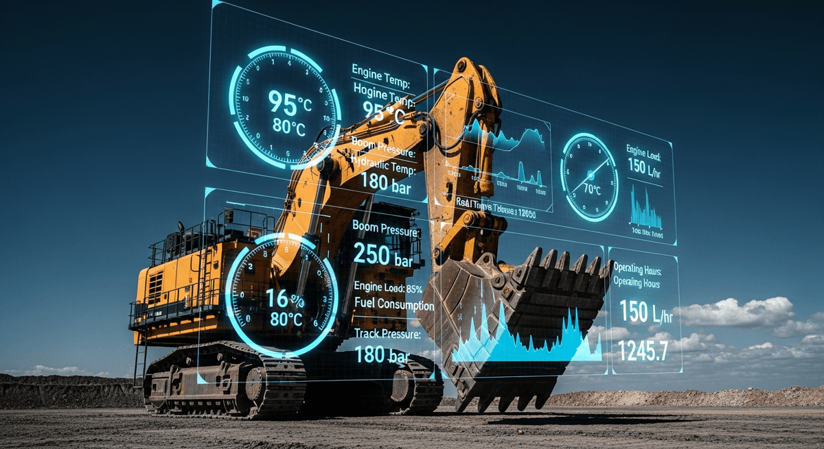 A large piece of heavy equipment with telemetry data being displayed.