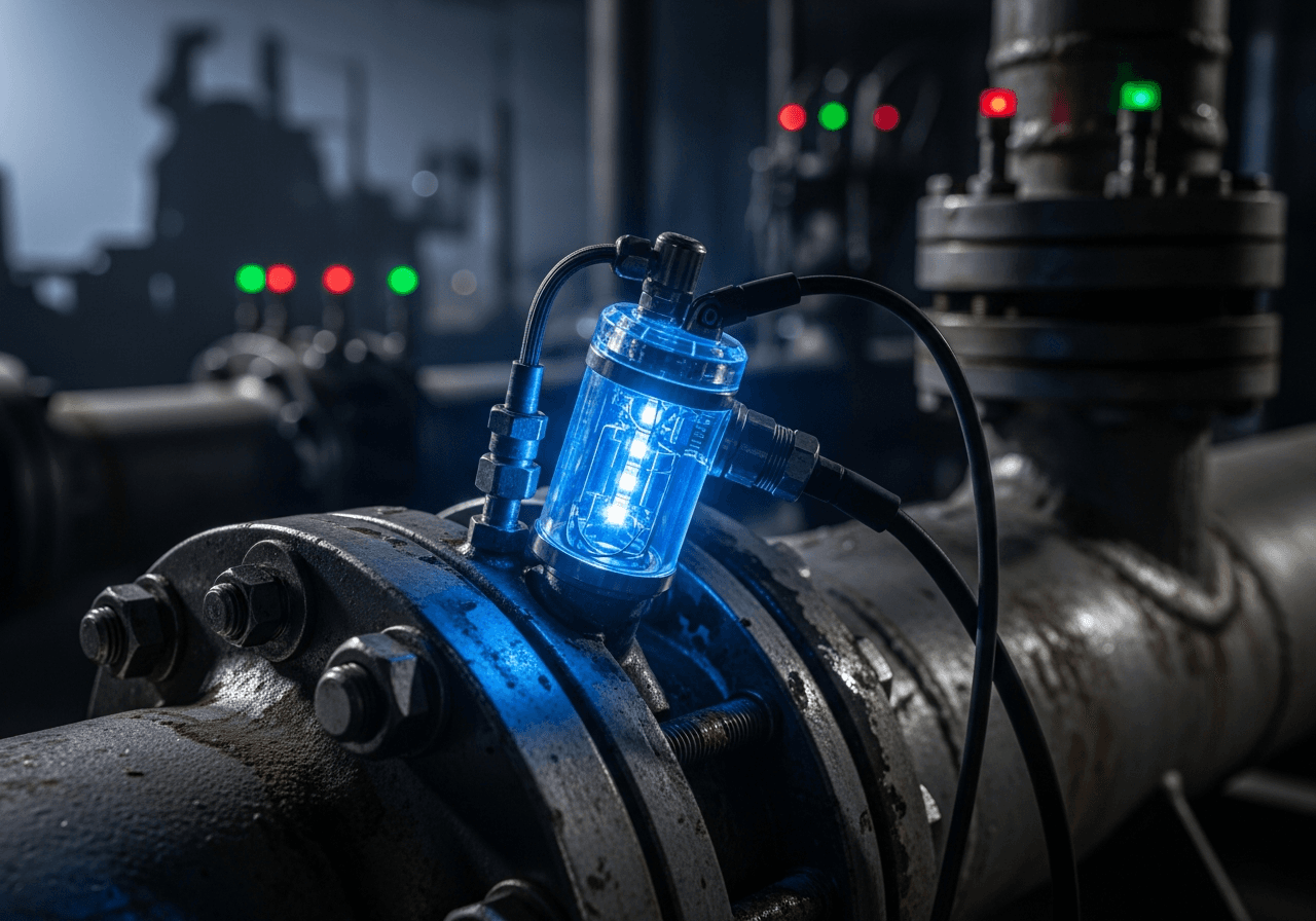 A close-up of a glowing sensor on a piece of industrial machinery.
