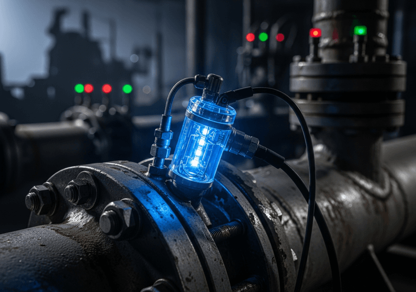 A close-up of a glowing sensor on a piece of industrial machinery.