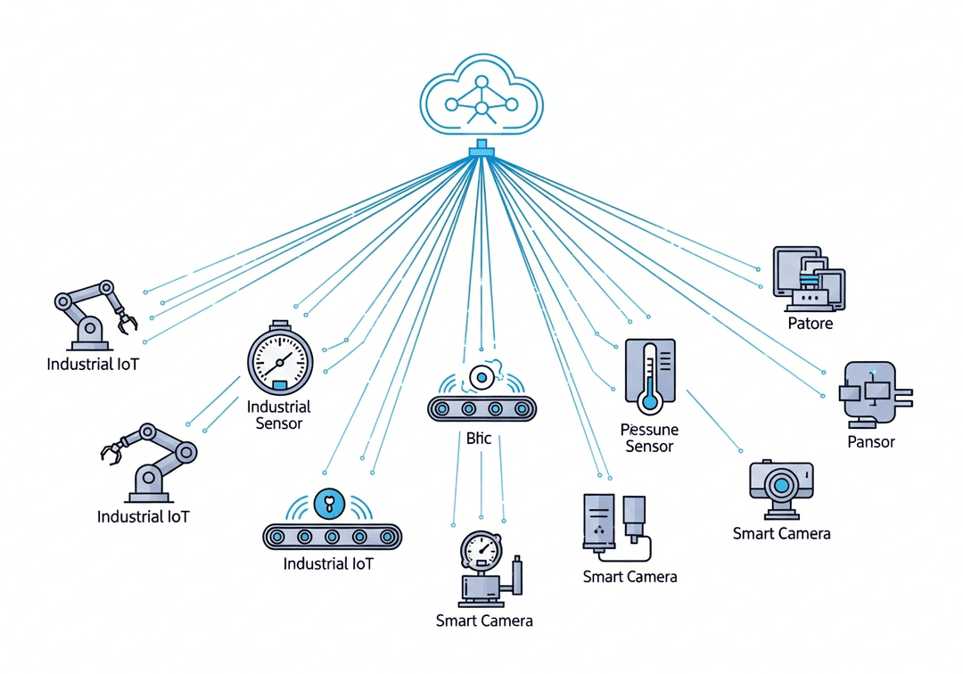 A diagram showing various industrial devices connected to a central cloud network.