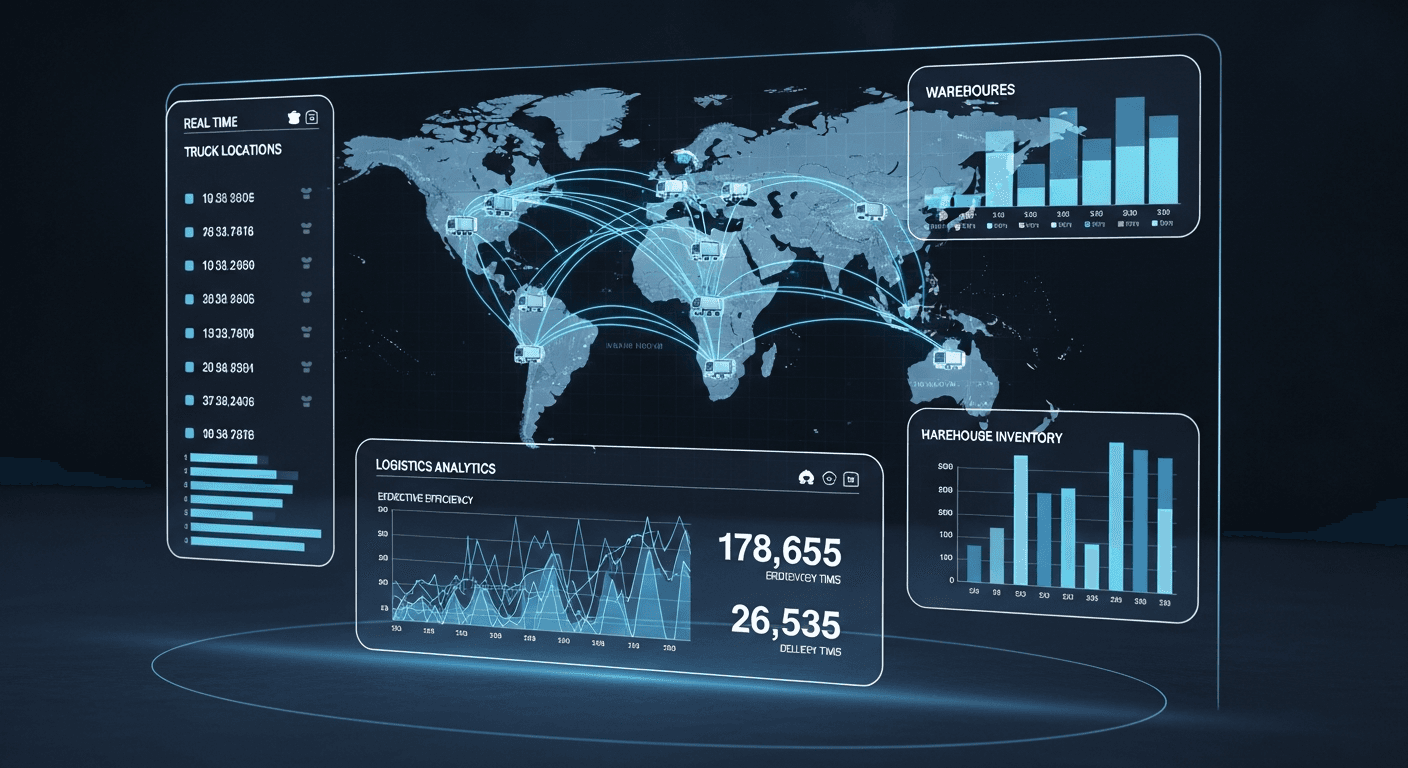A futuristic dashboard showing complex logistics data and analytics.