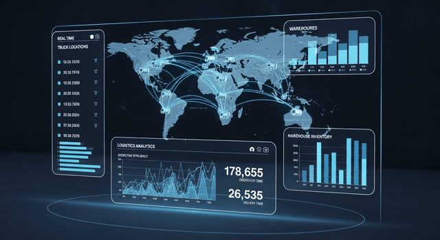 A futuristic dashboard showing complex logistics data and analytics.