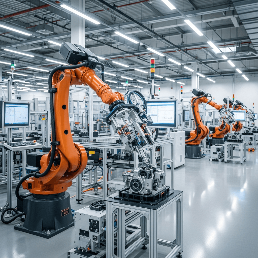 A robotic arm working with precision on a manufacturing line.