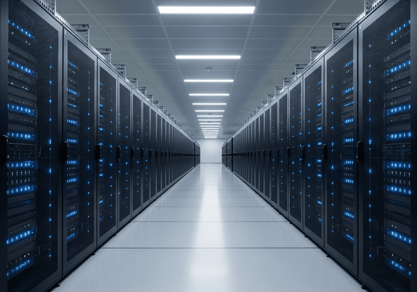 A modern data center with glowing server racks.
