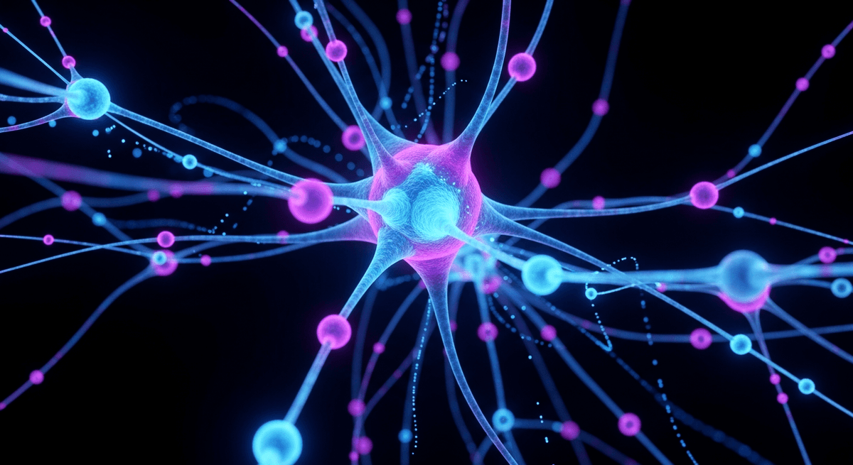 Abstract visualization of a glowing neural network or AI brain.