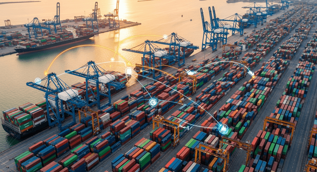 An aerial view of a port with container ships and digital logistics overlays.