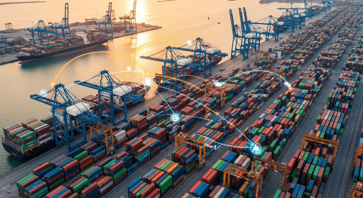 An aerial view of a port with container ships and digital logistics overlays.