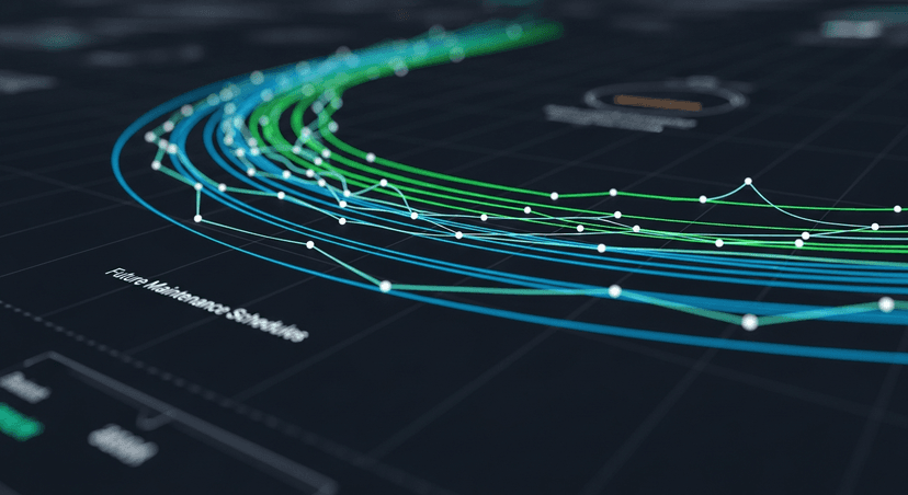A futuristic graph showing predictive analytics for machine maintenance scheduling.