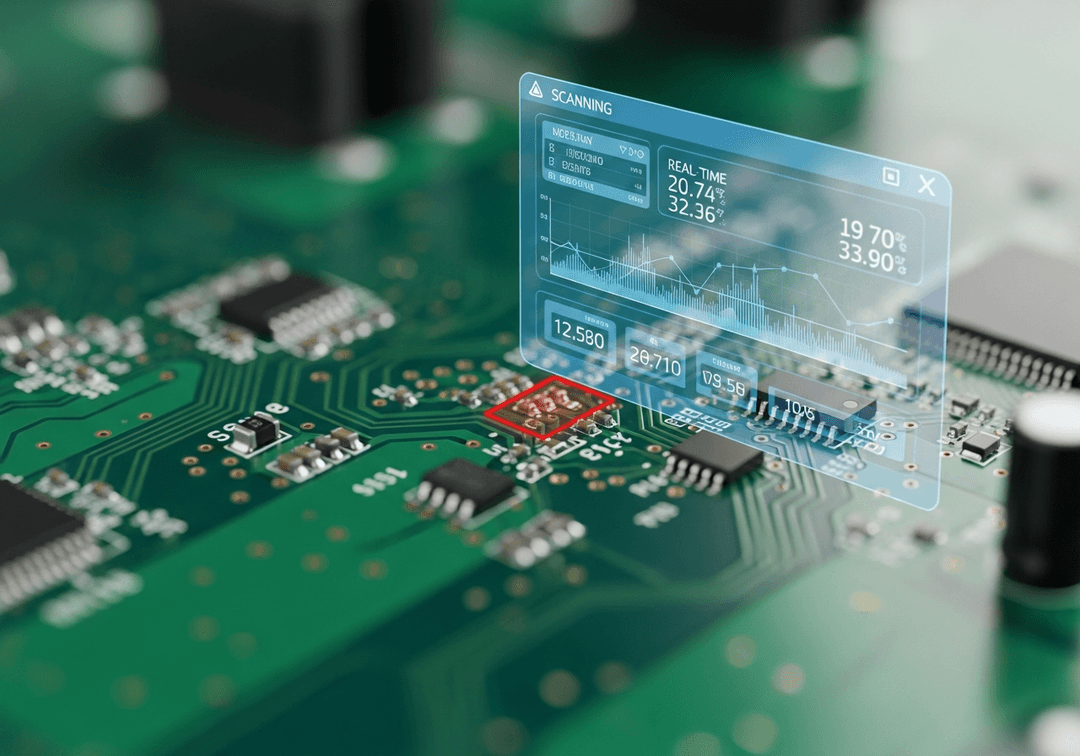 A computer vision system scanning and identifying a defect on a circuit board.