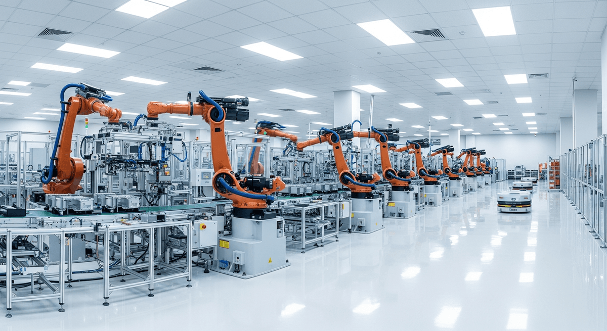A clean, modern factory with multiple robotic arms at work.