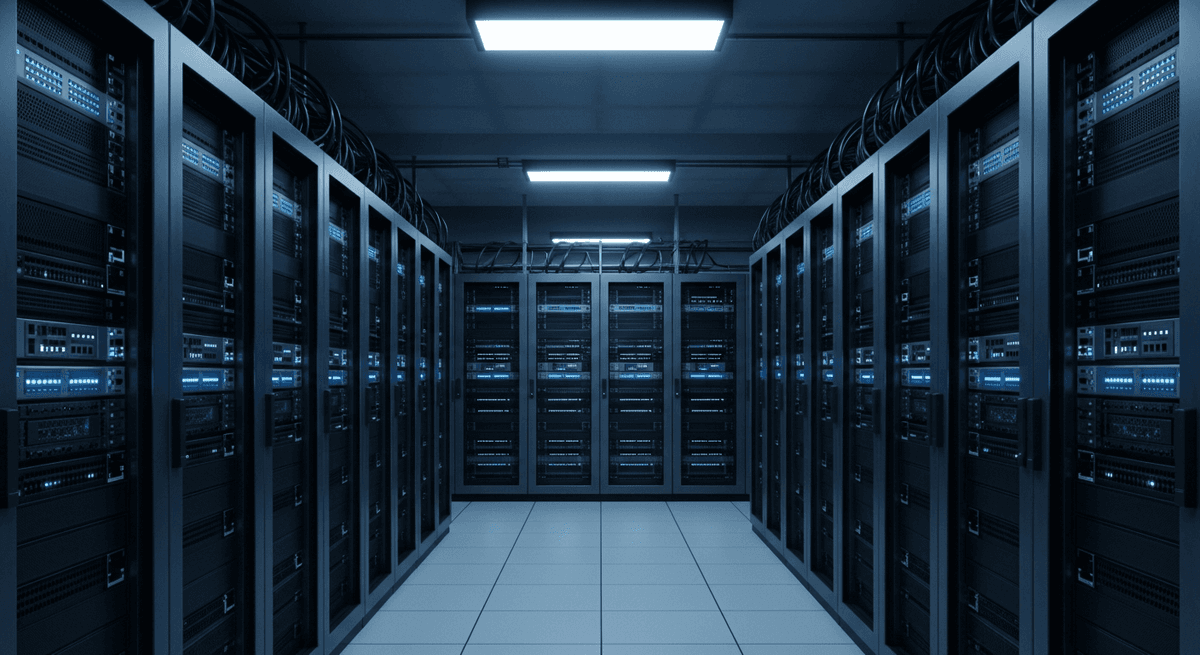 A dark server room with glowing blue network server racks.