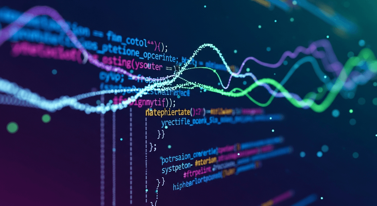 An abstract representation of lines of glowing code on a dark background.