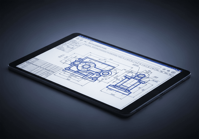 A tablet screen displaying a complex mechanical schematic or blueprint.