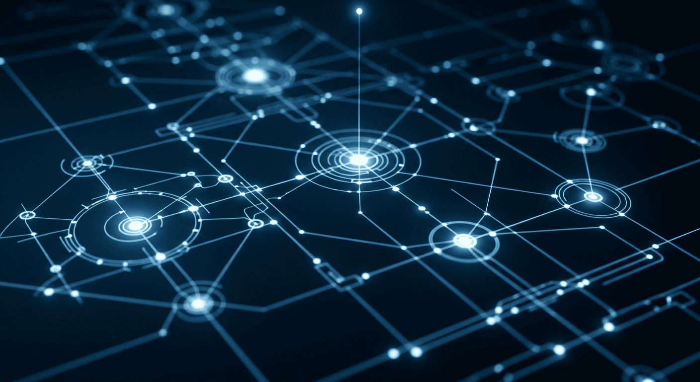 An abstract image of a glowing technical blueprint or strategy diagram.